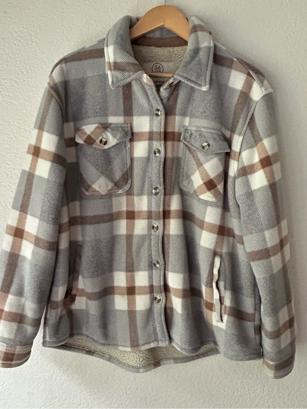 Sage Gray, White & Brown Plaid Sherpa-Lined Shirt Jacket